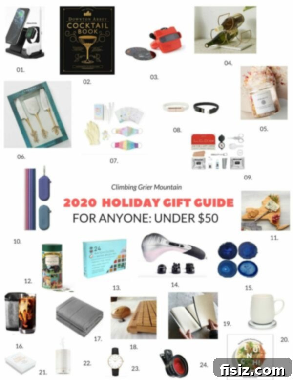 CGM 2020 Holiday Gift Guide Great Gifts for Everyone Under $50 2 A collage of various gift ideas under $50, including a watch, puzzle, cheese board, and charging station.