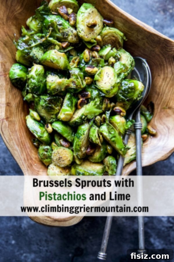 Zesty Brussels Sprouts with Pistachio Crunch 8 Close-up of a serving of Brussels Sprouts with Pistachios and Lime on a white plate