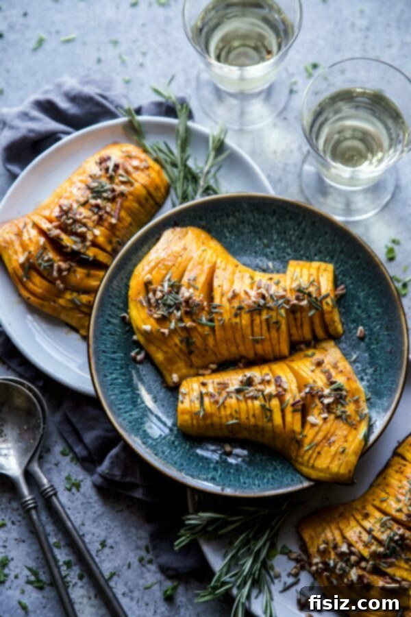 Dorothy Lynch Glazed Hasselback Butternut Squash 6 A serving of Hasselback Butternut Squash on a plate