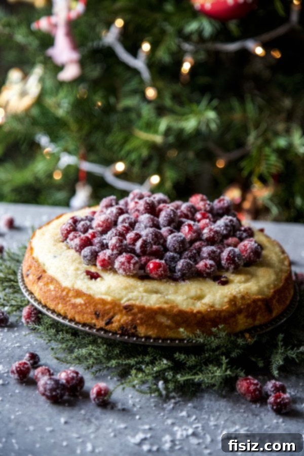 Effortless Cranberry Ricotta Cake 7 A whole Easy Cranberry Ricotta Cake garnished with sugared cranberries