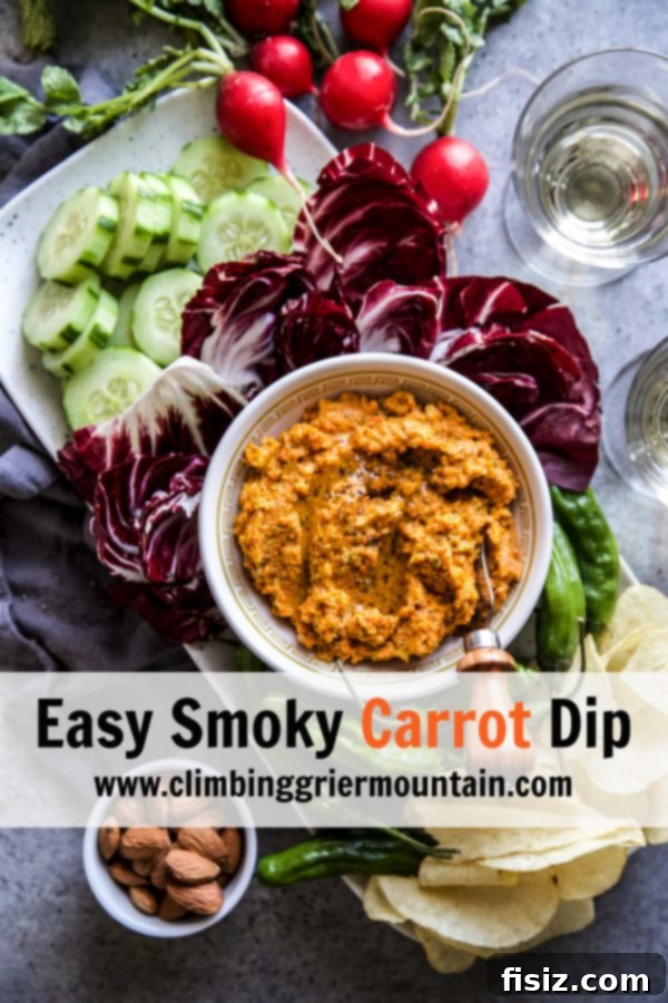 Smoky Roasted Carrot Spread 8 A vibrant mezze board featuring Easy Smoky Carrot Dip in a small bowl, surrounded by an assortment of fresh vegetables, crackers, and olives, beautifully presented for a gathering.