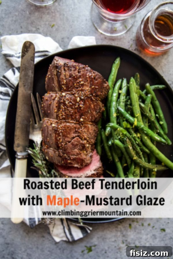 Signature Maple-Mustard Roasted Beef Tenderloin 8 roasted beef tenderloin on a plate with green beans