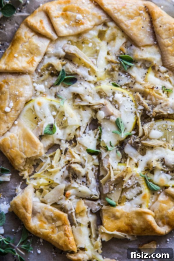 Bright Lemon, Feta and Artichoke Galette 6 Lemon Feta and Artichoke Galette on a table