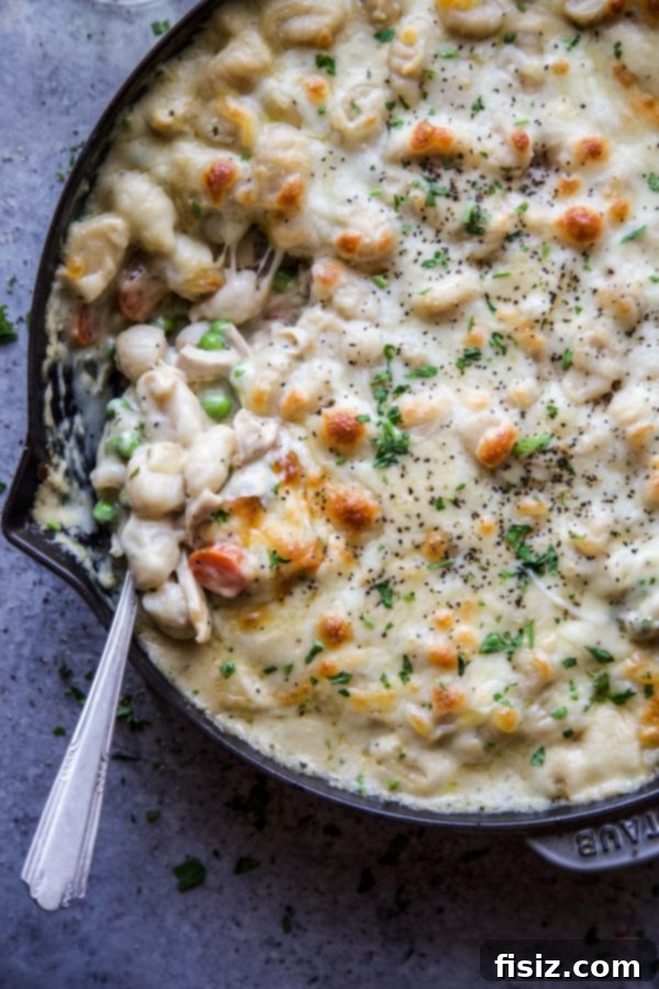 Gnocchi Chicken Pot Pie (Crustless) 3 Close-up of a gnocchi-topped crustless chicken pot pie bubbling in a cast iron skillet.