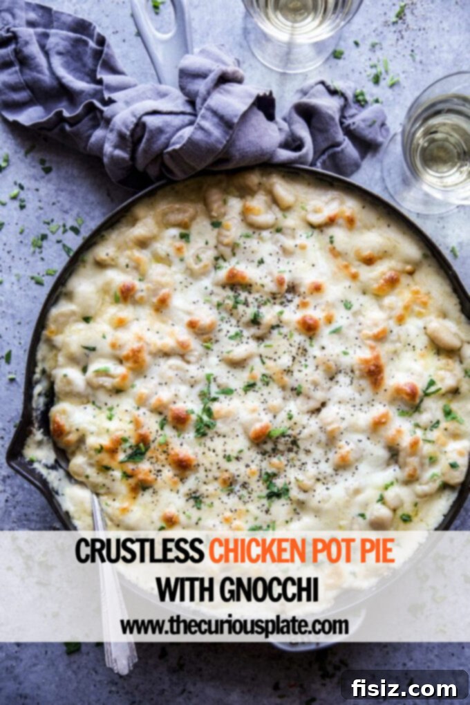 Gnocchi Chicken Pot Pie (Crustless) 9 Beautifully baked Crustless Chicken Pot Pie with Gnocchi, ready to be served from the skillet.