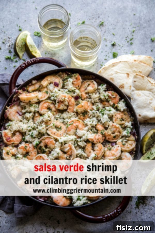 Zesty Salsa Verde Shrimp and Cilantro Rice Skillet 8 Salsa Verde Shrimp and Cilantro Rice Skillet ready to be eaten, with a serving spoon