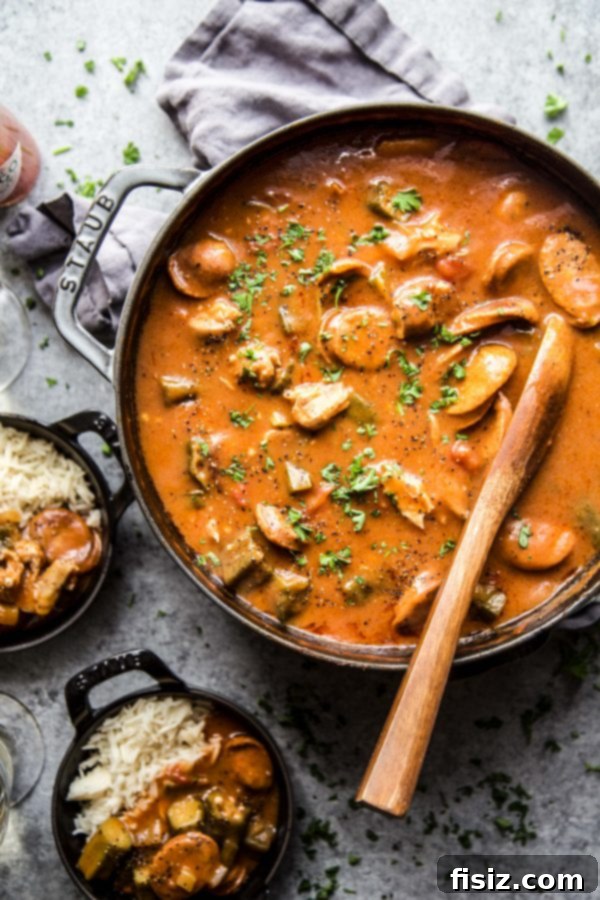 Chicken and Chorizo Gumbo: A Southern Classic 5 A ladle serving Chicken and Chorizo Gumbo from a skillet into a bowl, steam rising.