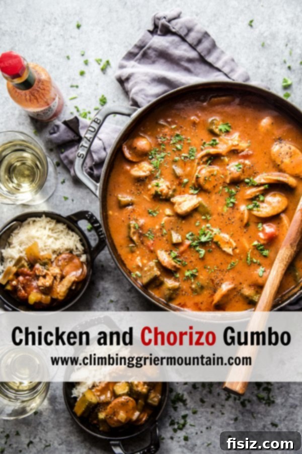 Chicken and Chorizo Gumbo: A Southern Classic 8 A top-down view of a large pot of Chicken and Chorizo Gumbo, garnished and ready.