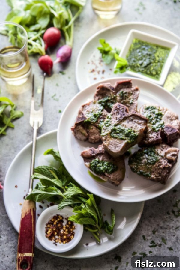 Creative Lineup for February 6 seared lamb loin chop with spinach salsa verde on a table