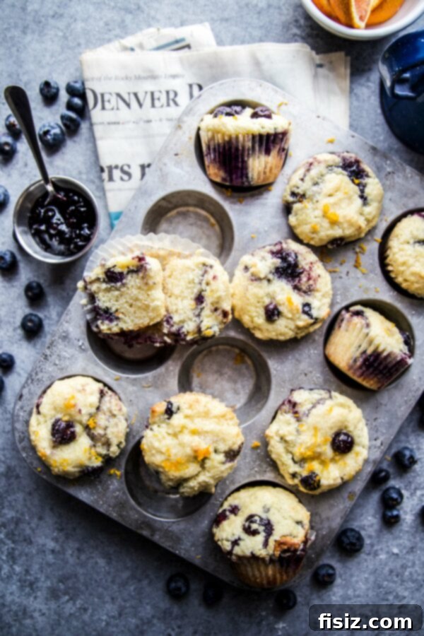 Double Blueberry Citrus Burst Muffins 2 Freshly baked Double Blueberry Citrus-Topped Muffins on a wooden table, with a rustic background