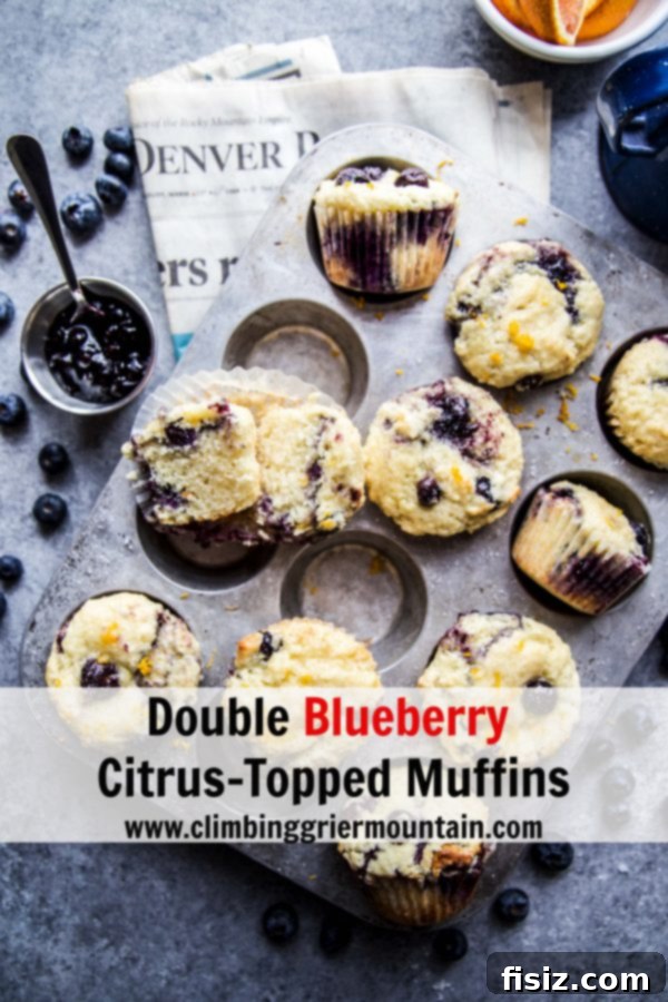 Double Blueberry Citrus Burst Muffins 8 Several Double Blueberry Citrus-Topped Muffins arranged on a rustic wooden board with scattered fresh blueberries