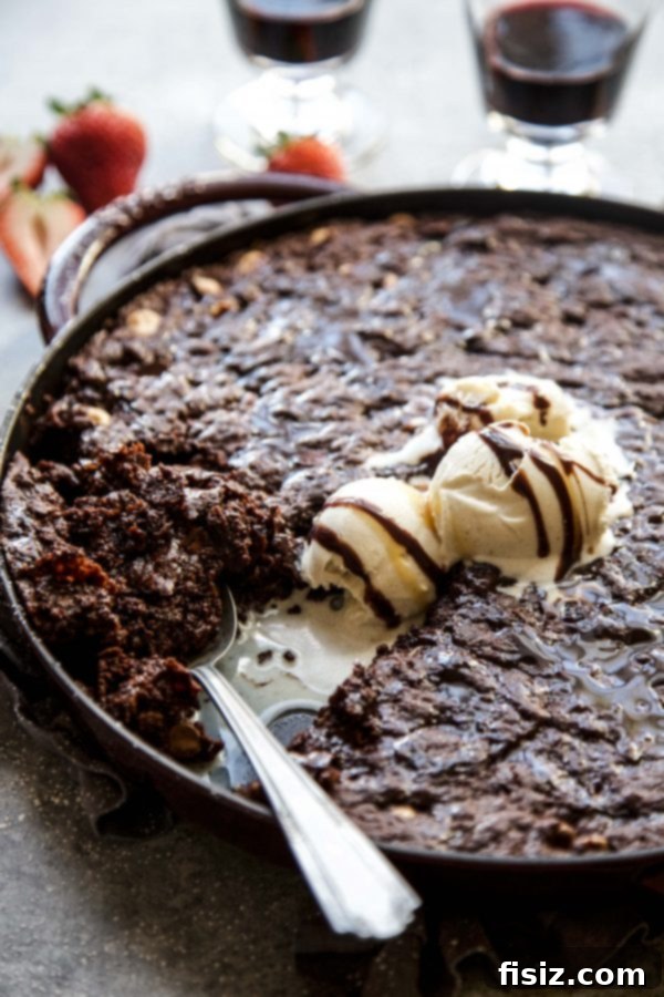 Triple Chocolate Skillet Brownie on a table