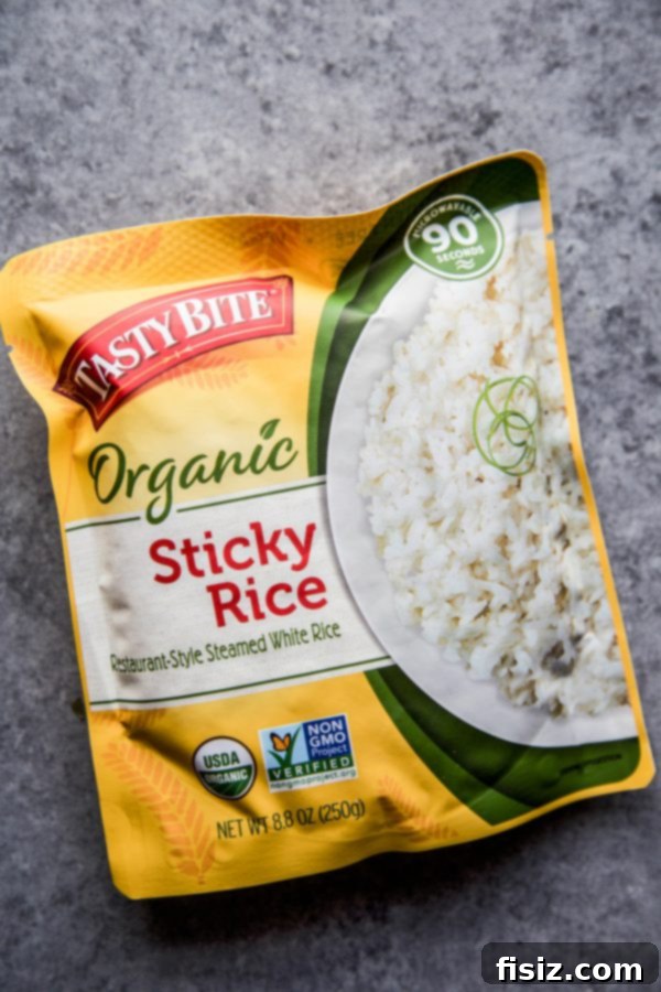 Convenient sticky rice in a microwaveable packet, ready for quick preparation