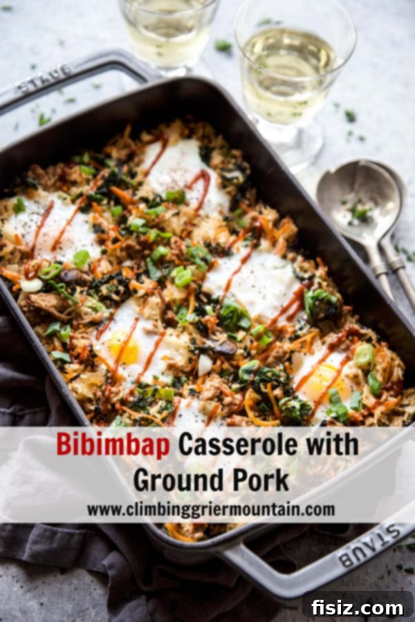 Close-up of a beautifully plated Bibimbap Casserole with Ground Pork, garnished and ready to be enjoyed