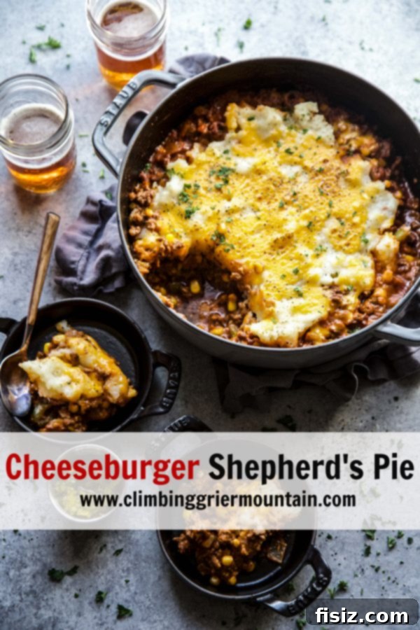 A serving of Cheeseburger Shepherd's Pie in a skillet, ready to eat