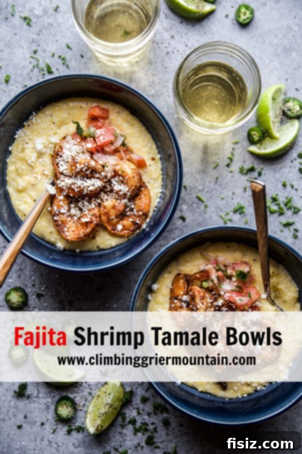 Shrimp Fajita Masa Bowls 10 Close-up of Fajita Shrimp Tamale Bowls on a rustic wooden surface.