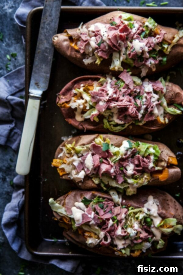 Hearty corned beef stuffed sweet potatoes, a comforting and satisfying St. Patrick's Day meal.