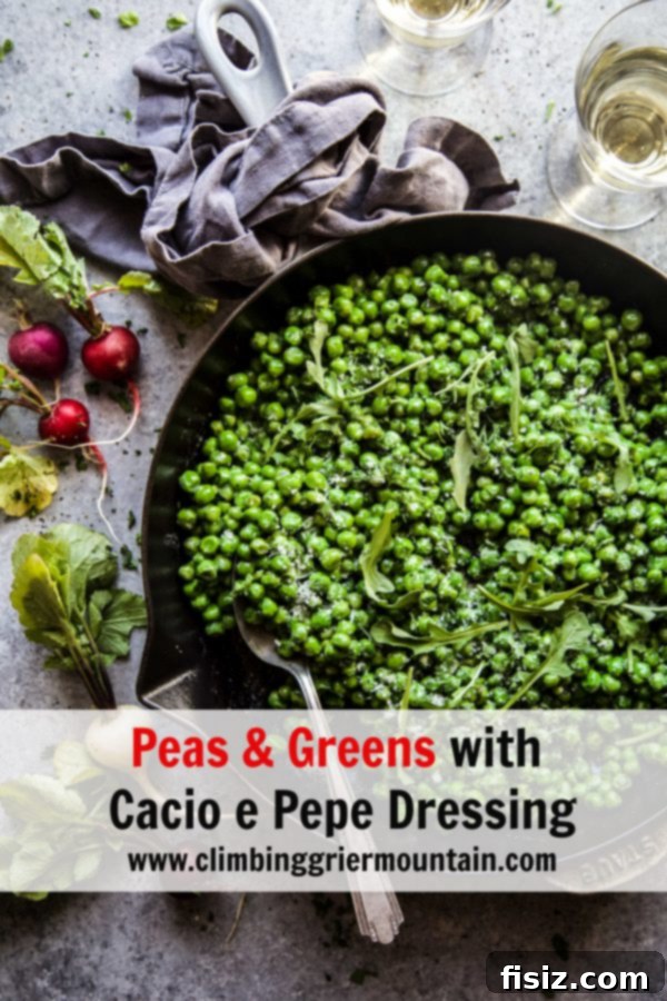 Cacio e Pepe Greens and Peas 9 A final, close-up shot of the Peas and Greens with Cacio e Pepe Dressing, inviting viewers to taste the delicious flavors. www.climbinggriermountain.com