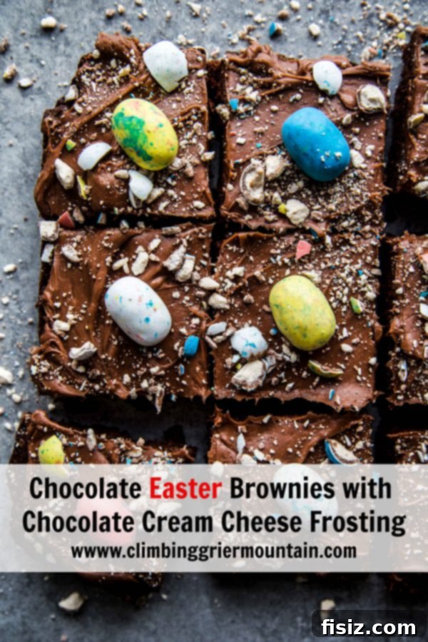Fudgy Easter Brownies with Decadent Chocolate Cream Cheese Frosting 7 A close-up shot of a perfectly cut slice of Chocolate Easter Brownie with a thick layer of Chocolate Cream Cheese Frosting, ready to be enjoyed.