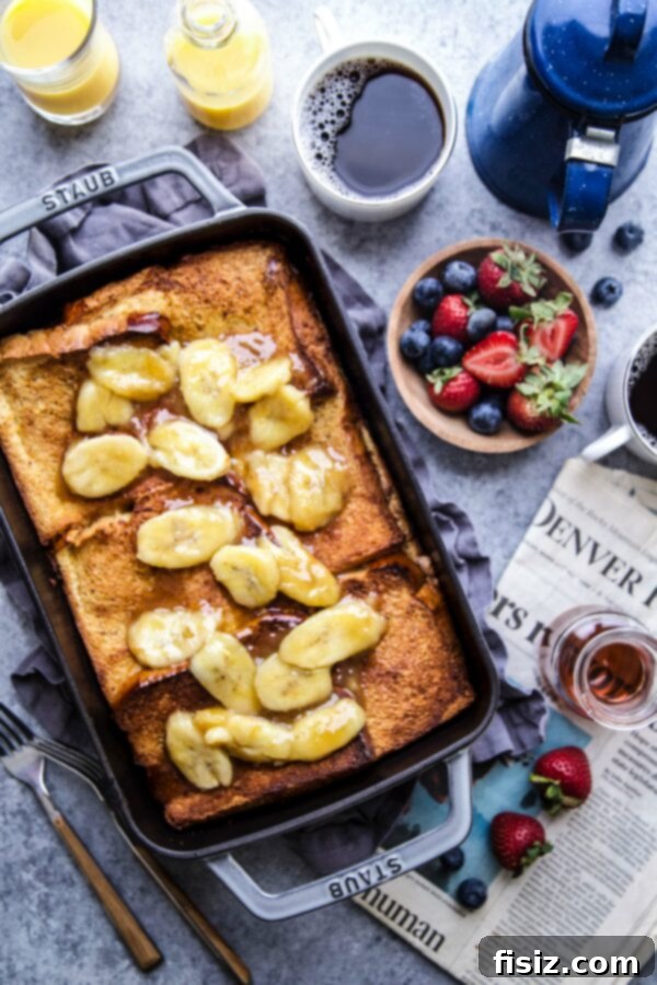 Baked French Toast with Nut Butter and Bananas 2 A tantalizing Nut Butter-Banana Stuffed French Toast Bake, golden brown and ready for a delicious breakfast