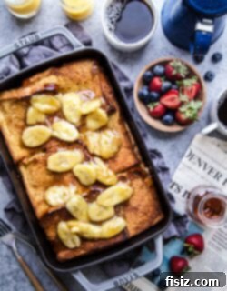 Baked French Toast with Nut Butter and Bananas 8 Final plated Nut Butter-Banana Stuffed French Toast Bake with banana topping
