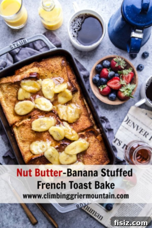 Baked French Toast with Nut Butter and Bananas 9 Overhead shot of the cooked Nut Butter-Banana Stuffed French Toast Bake in a baking dish, ready to serve