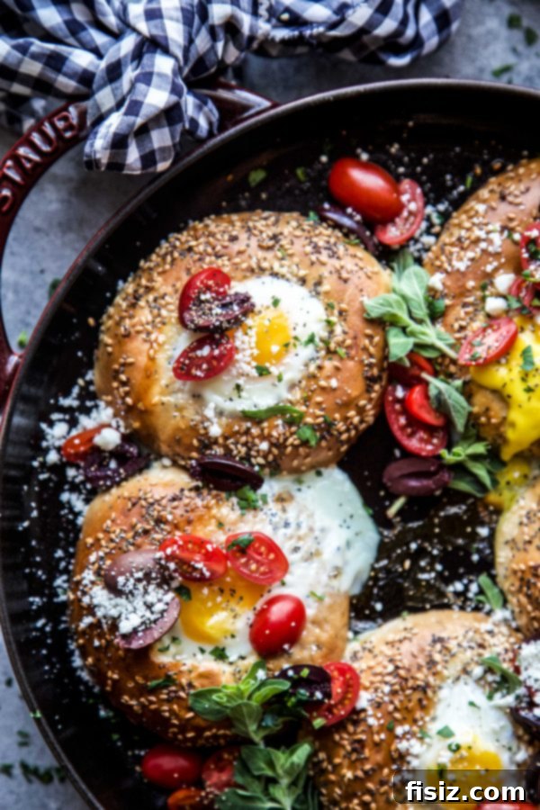 Assortment of Egg-Stuffed Greek Bagels with various toppings
