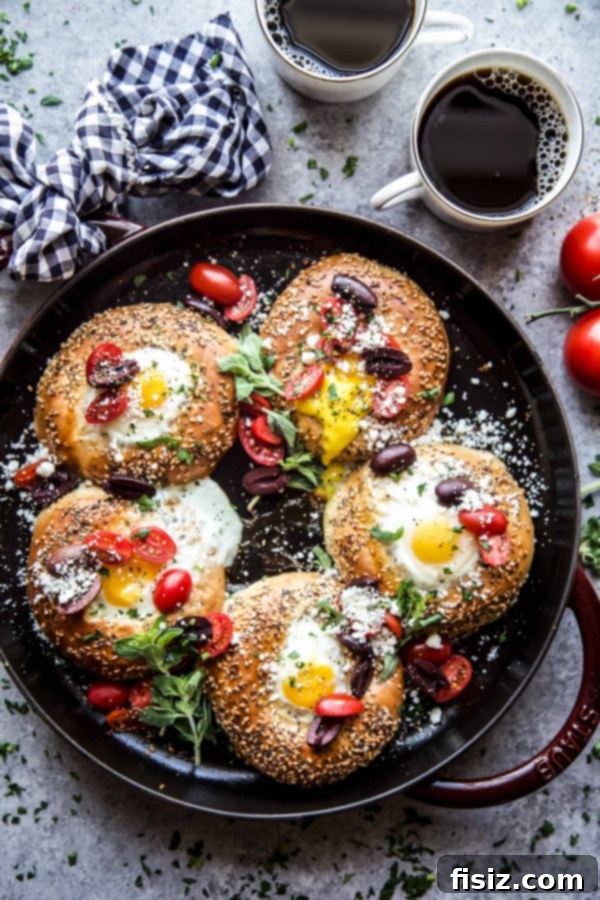 Close-up of Egg-Stuffed Greek Bagels ready to be served