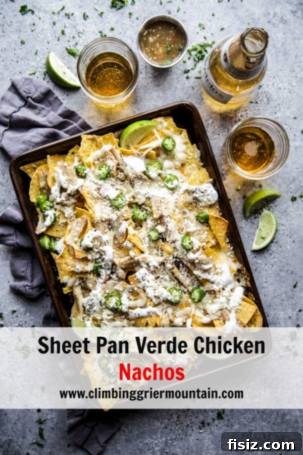 Ultimate Sheet Pan Verde Chicken Nachos 9 Overhead shot of a delicious serving of Sheet Pan Verde Chicken Nachos, perfectly garnished and ready to eat.
