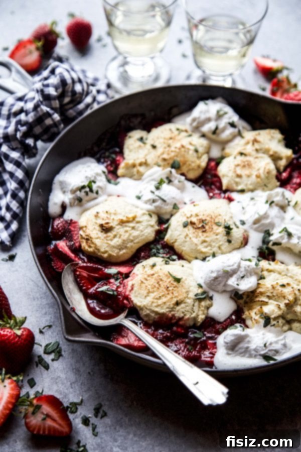 Close-up of strawberry basil cobbler ingredients