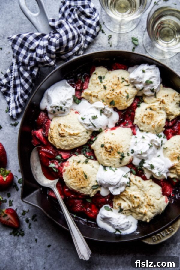 Beautifully baked Strawberry Basil Cobbler, ready to serve