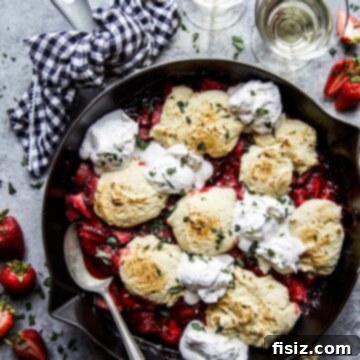Strawberry Basil Cobbler served with ice cream