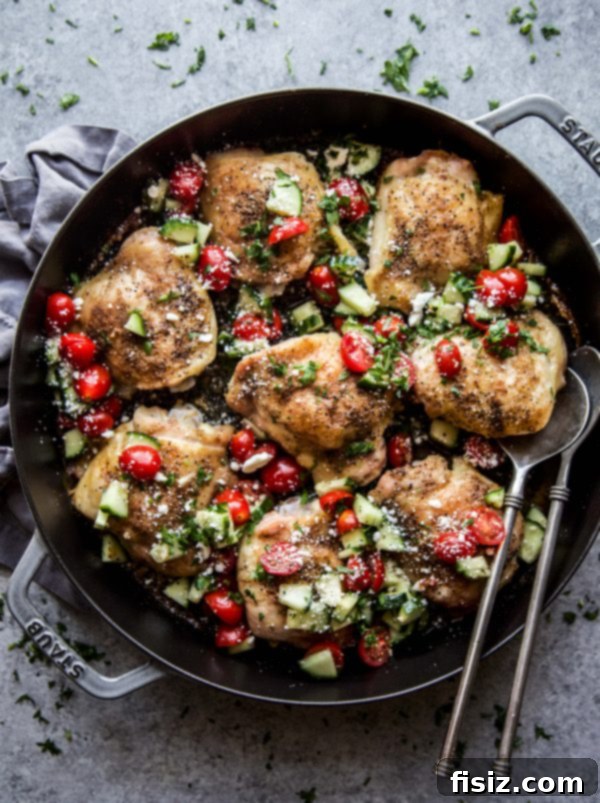 Bright Mediterranean Chicken Thighs with Lemon Cucumber Relish 6 Close-up of Mediterranean Chicken Thighs topped with vibrant Lemon-Cucumber Relish.