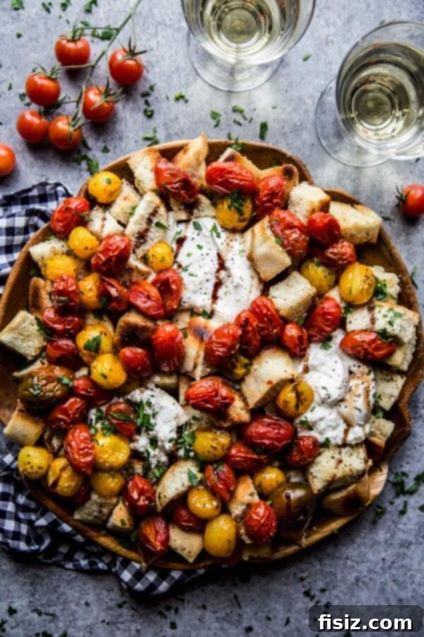 Warm Burrata, Roasted Tomato, and Rustic Bread Medley 2 Vibrant Roasted Tomato & Burrata Bread Toss, perfect for summer gatherings