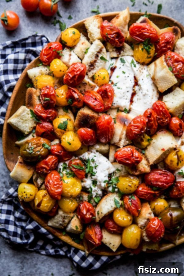 Warm Burrata, Roasted Tomato, and Rustic Bread Medley 3 Close-up of fresh burrata cheese on a bed of roasted tomatoes and toasted bread
