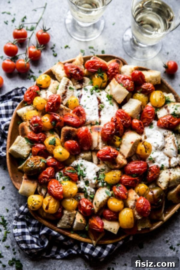 Warm Burrata, Roasted Tomato, and Rustic Bread Medley 6 Platter of Roasted Tomato & Burrata Bread Toss garnished with fresh basil and balsamic glaze