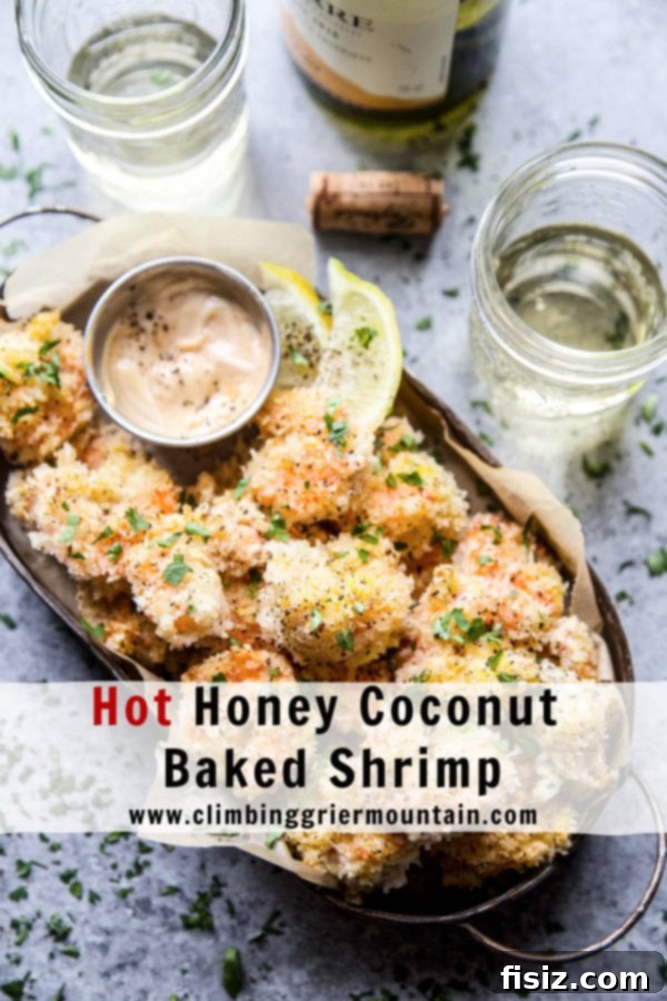 Beautifully arranged Hot Honey Coconut Baked Shrimp on a plate, ready to be served, showcasing its golden crust.