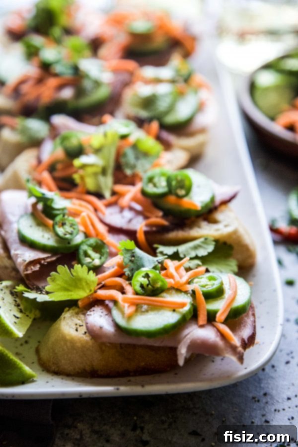 Banh Mi Bruschetta Bites 6 A spread of delicious appetizers including Banh Mi Bruschetta.