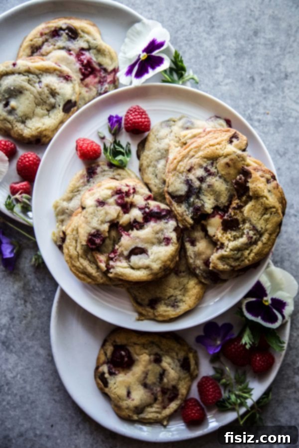 Dark Chocolate Raspberry Bliss Cookies 3 Homemade Dark Chocolate Raspberry Drop Cookies cooling on parchment paper after baking, with a rustic kitchen background.