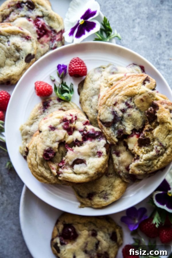 Dark Chocolate Raspberry Bliss Cookies 5 Stacked Dark Chocolate Raspberry Drop Cookies in a clear container, ready for storage or freezing, showcasing their texture.