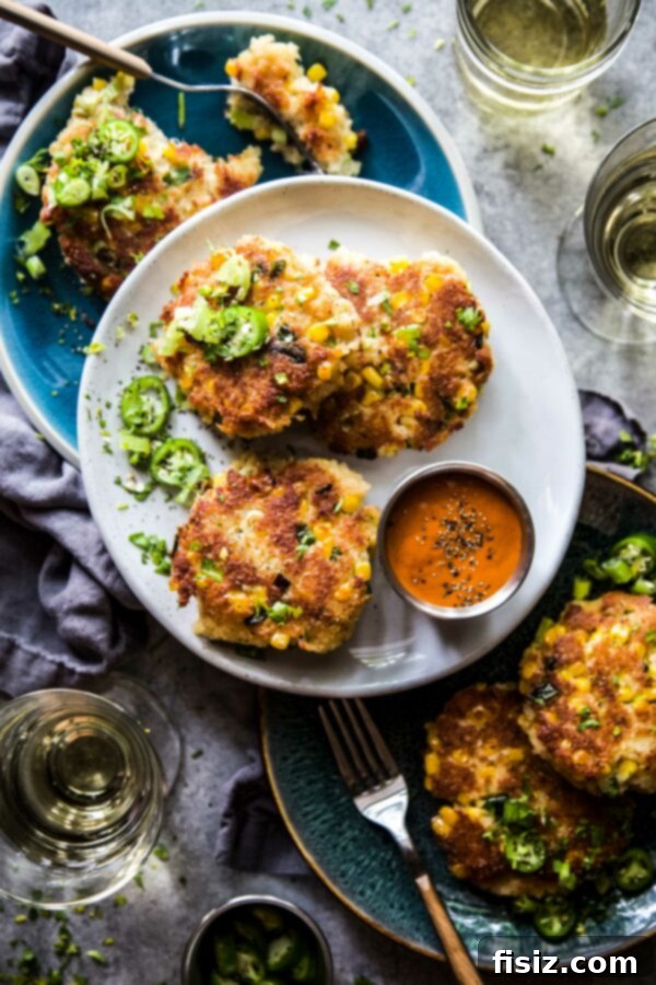 Jalapeno Popper Inspired Crab Cakes 2 Golden brown Jalapeno Popper Crab Cakes on a plate with garnishes