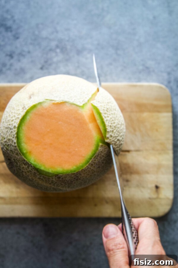 Savory Melon Crunch 5 Step-by-step guide showing how to prepare and peel a cantaloupe for slicing.