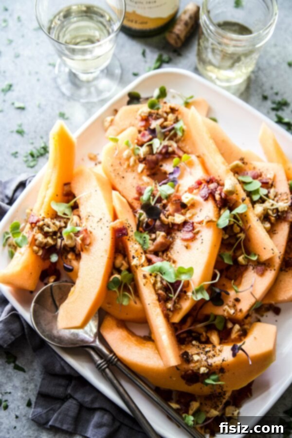 Savory Melon Crunch 8 Beautifully plated Cantaloupe with Bacon-Cashew Crumble, showcasing the vibrant colors and appealing textures.