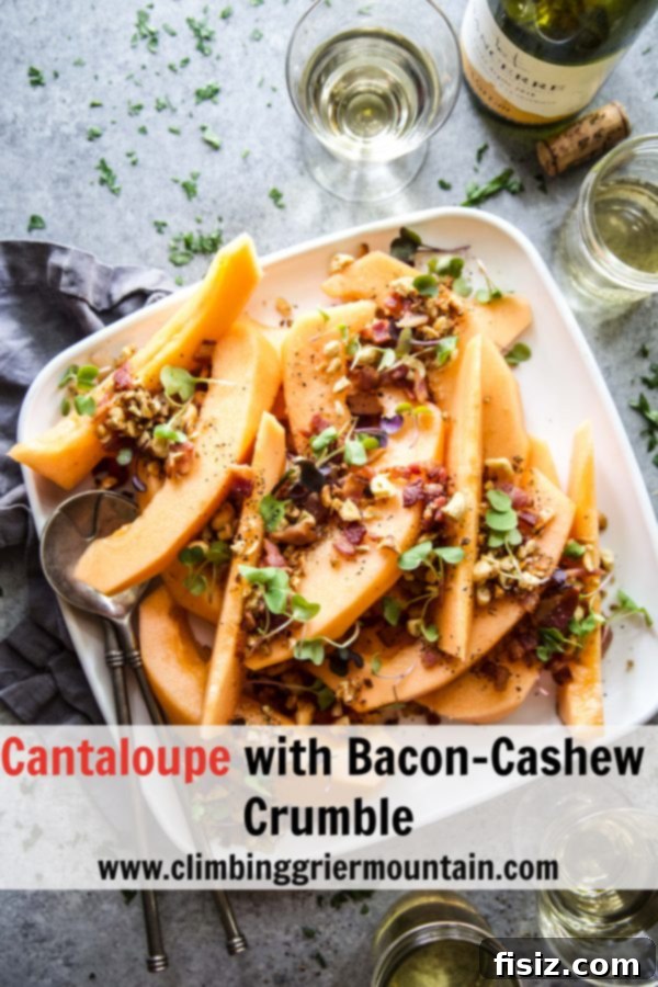 Savory Melon Crunch 9 A vibrant platter of Cantaloupe with Bacon-Cashew Crumble, beautifully garnished and ready to be enjoyed.