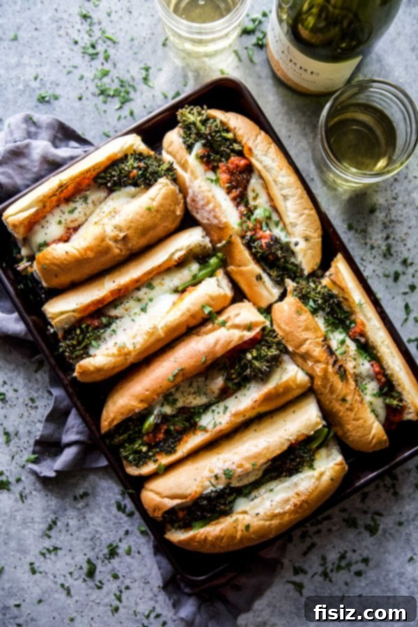 Cheesy Broccolini Sandwiches Made Easy 6 A close-up shot of a Broccolini Cheesesteak showing the perfectly melted cheese over the roasted vegetable.