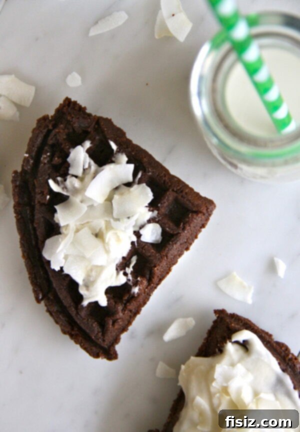 PIC1stminibrowniewaffles Delicious Mini Brownie Waffles with Vanilla Frosting and Coconut Flakes