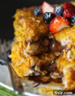 Decadent Nutella Crunch French Toast 2 Final presentation of Nutella Crunch French Toast with garnishes