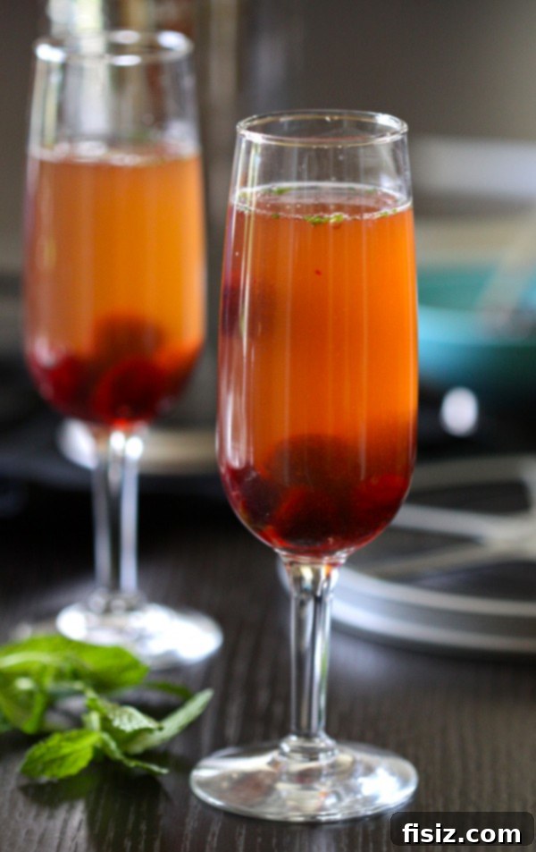 Gatsby's Sparkling Ginger Punch 2 A close-up of the elegant Great Gatsby cocktail punch, showcasing its rich orange hue, a cherry at the bottom, and a mint sprig garnish.
