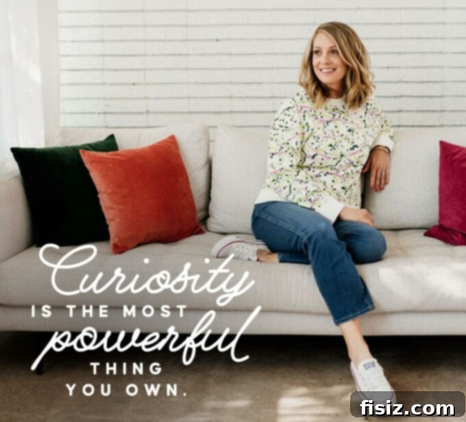 Feasting on Curiosity 4 Lauren on a couch with text overlay: Curiosity is the most powerful thing you own.
