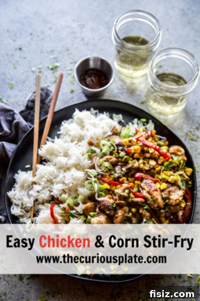 Speedy and Savory Chicken Corn Stir-Fry 9 Overhead view of a delicious and colorful Easy Chicken & Corn Stir-Fry, perfectly cooked